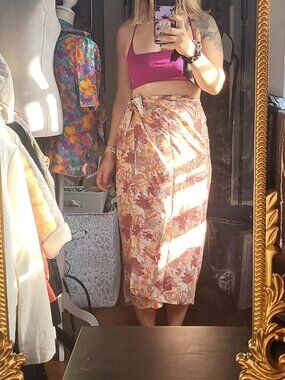 TOTOnKO Size M Vintage 100% Silk Abstract Floral Midi Wrap Skirt Blush and Rust